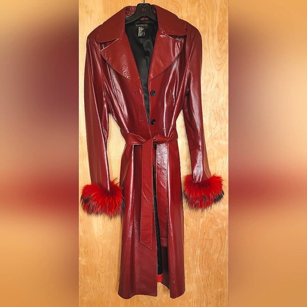 Bebe genuine waxed leather Large belted coat scarf not included